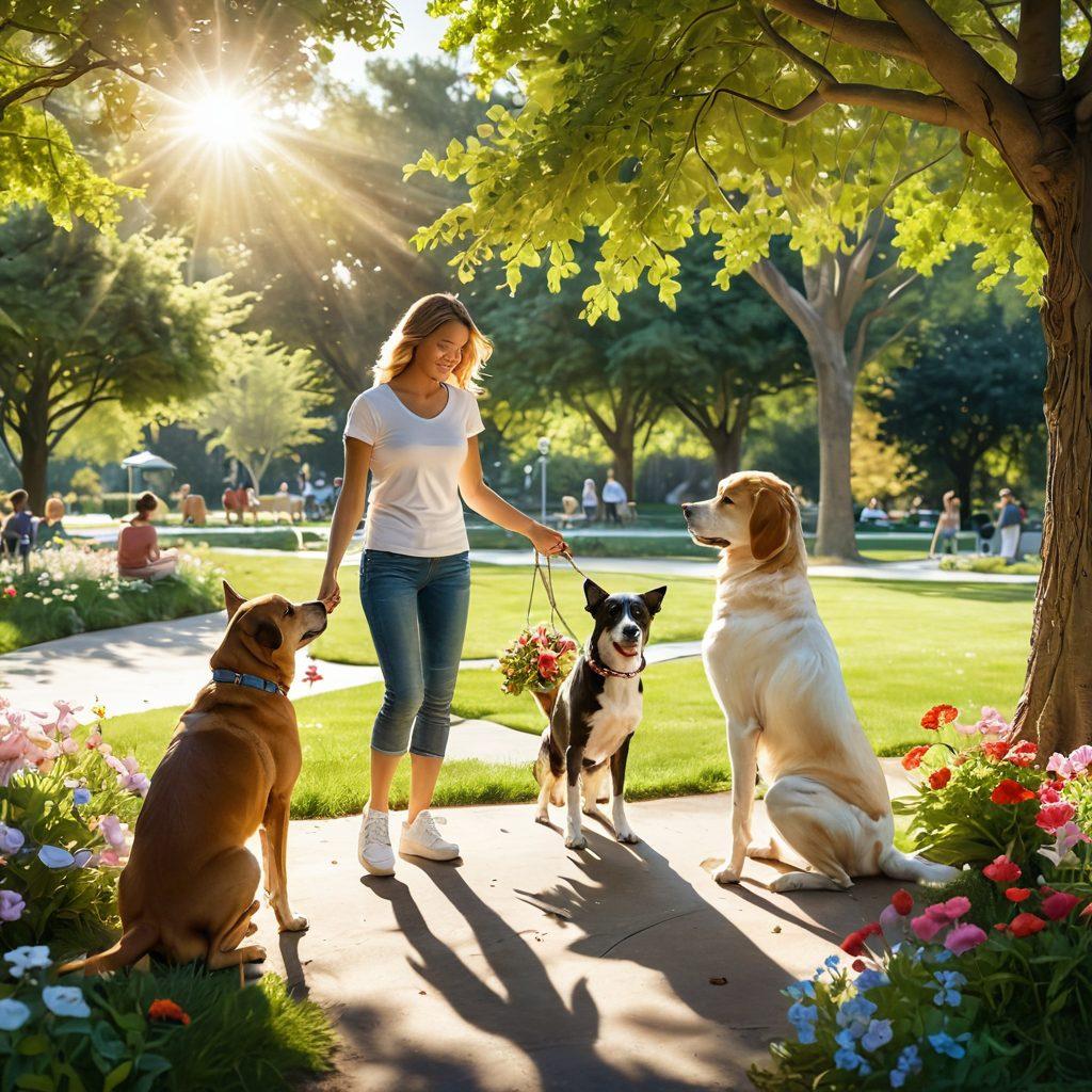 A heartwarming scene depicting a person lovingly interacting with various beloved pets, like dogs and cats, in a sunlit park. The foreground shows joyful expressions, playful moments, and vibrant flowers enhancing the atmosphere of love and devotion. Soft sunlight filters through trees, creating a warm, inviting ambiance that celebrates the bond between humans and animals. A whimsical touch with bright, vibrant colors enhances the sense of joy and passion. super-realistic. vibrant colors. natural setting.