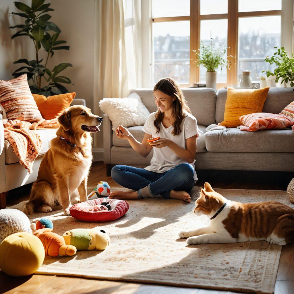 A heartwarming scene of a person joyfully playing with a dog and a cat in a sunlit living room, surrounded by vibrant pet toys and cozy blankets. The person displays adoration, showing a loving bond with the pets as they share precious moments together. Include warm colors and soft textures to evoke a feeling of comfort and connection. super-realistic. vibrant colors.