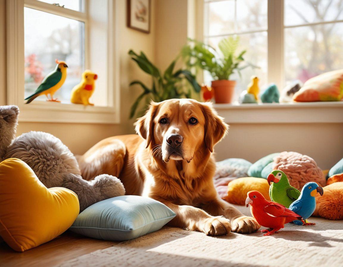 A warm and inviting scene featuring a person cuddling a happy dog, surrounded by an array of playful pets, including a cat, a rabbit, and a parrot. Soft sunlight filters through a window, casting a golden glow on colorful pet toys scattered around. Show a heart-shaped cushion in the background to symbolize love and bonding with pets. The room should feel cozy and loving, emphasizing the joy of pet companionship. vibrant colors. soft focus. super-realistic.